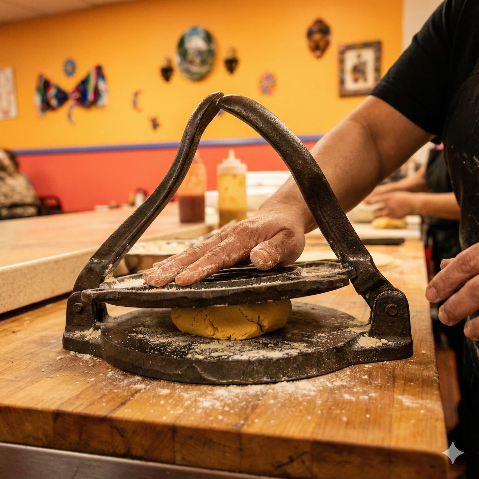 Handmade corn tortillas being pressed fresh at Casa Noble
